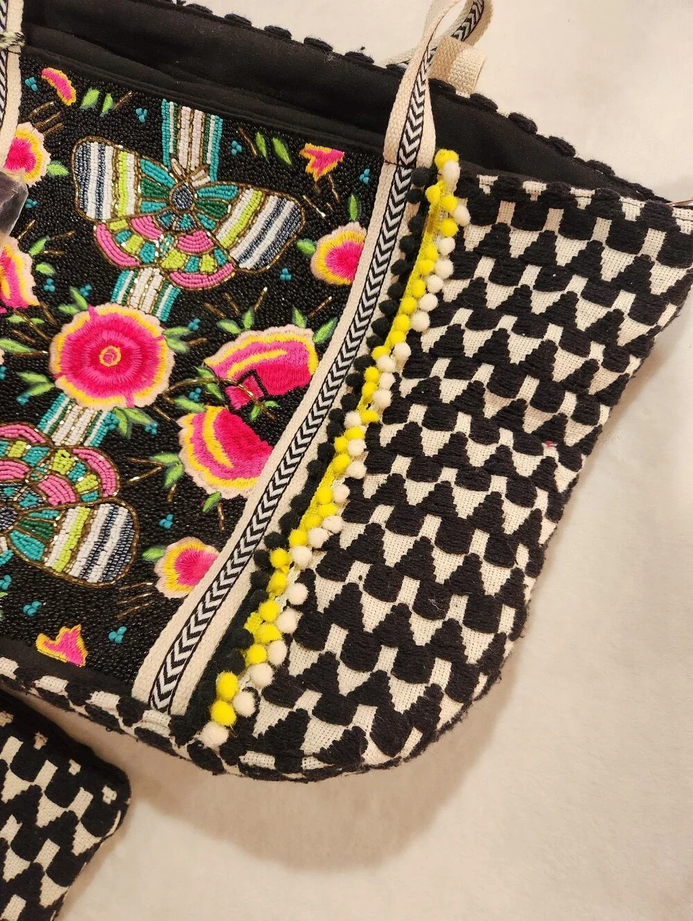 America & Beyound Embroidered/Embellished Floral Set: Tote, Pouch & Coin Purse